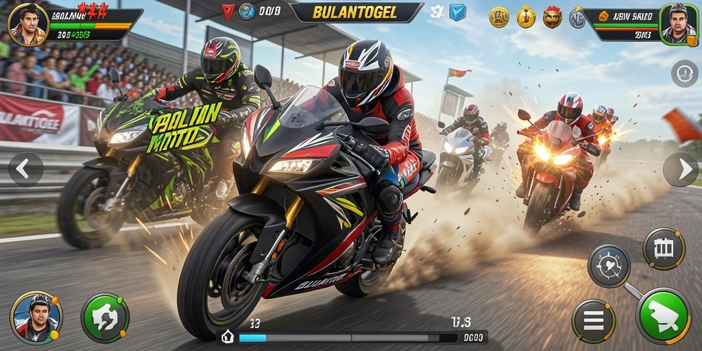 Tangkapan layar gameplay <strong>BULANTOGEL</strong> yang menampilkan balapan motor seru