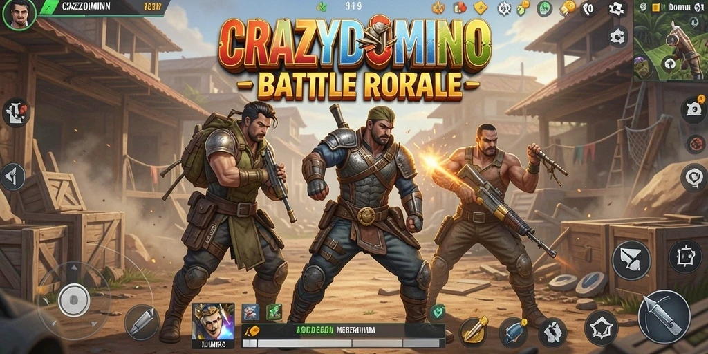 Tampilan gameplay seru dalam CRAZYDOMINO dengan aksi Battle Royale mendebarkan.