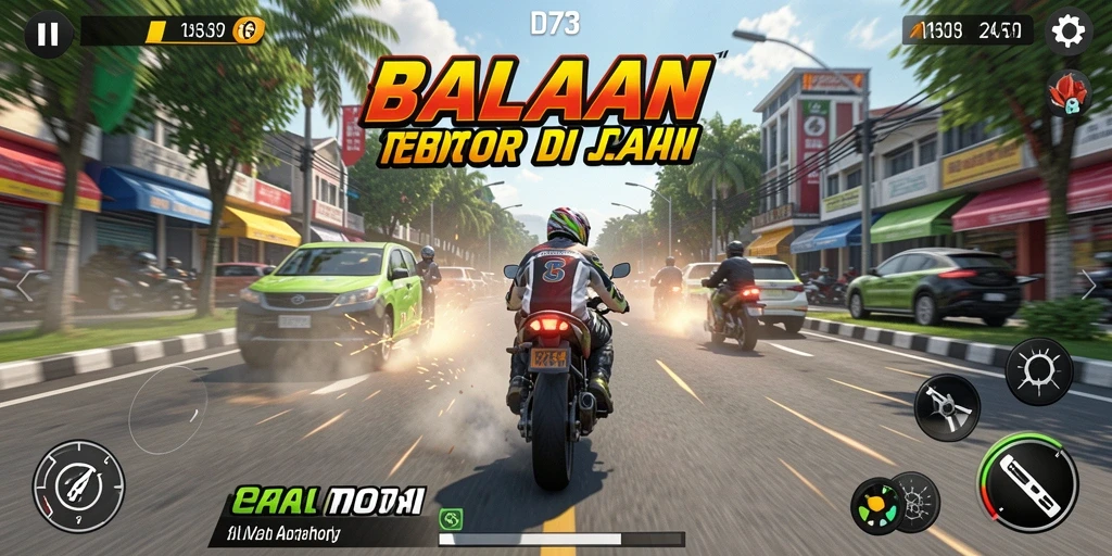 Tangkapan layar gameplay D73 menunjukkan aksi balapan motor yang mendebarkan.