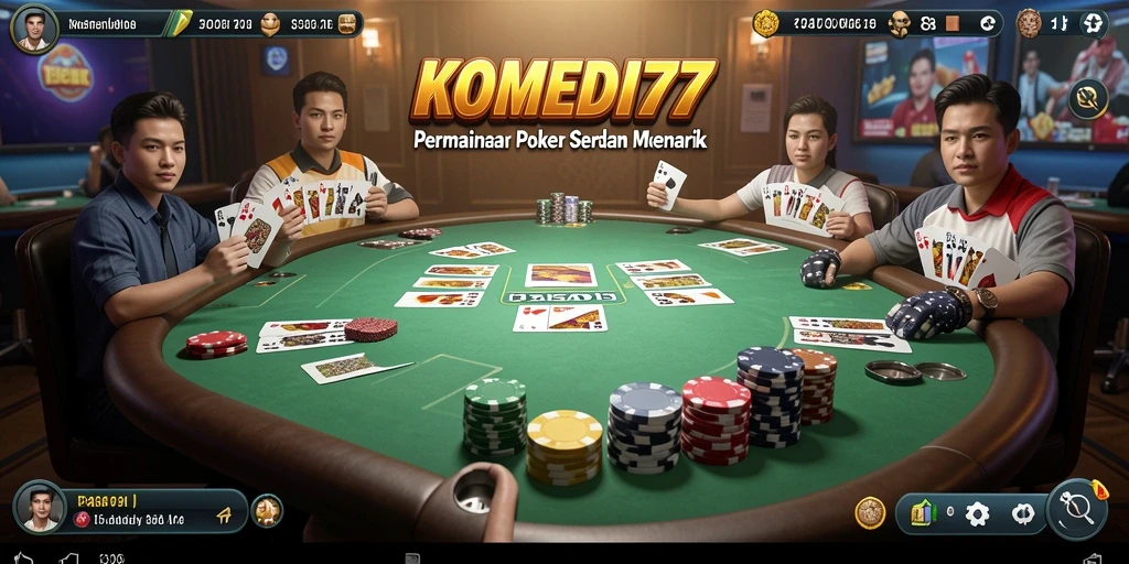 Screenshot gameplay KOMEDI77 menampilkan suasana permainan Poker yang mendebarkan.