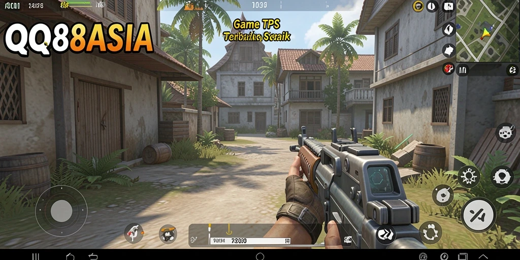 Screenshot gameplay QQ88ASIA menunjukkan aksi seru dalam pertempuran TPS.