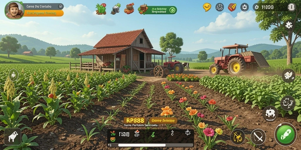 Screenshot utama RP888 menampilkan gameplay pertanian yang seru dan interaktif.